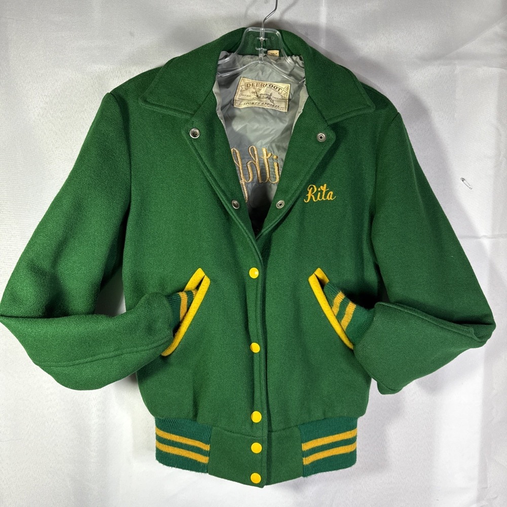 Deerfoot varsity cheerleading Jacket Women's‎ Sz 12 Green 80s VTG smithfield RI